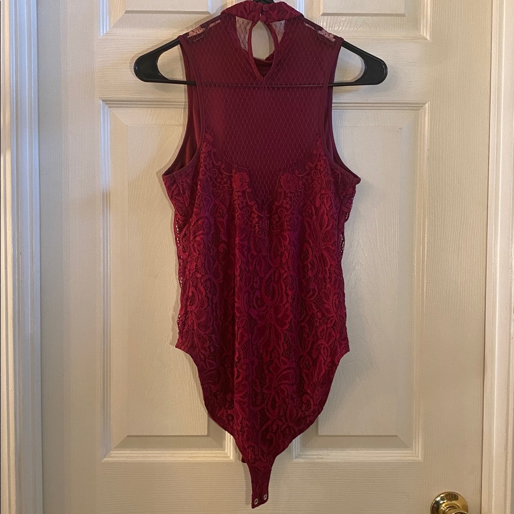 Express Burgundy Flirty Lace Bodysuit Top - Picture 9 of 13